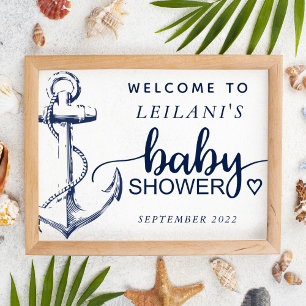 Affiche Baby shower Ancre nautique Bienvenue Blanc