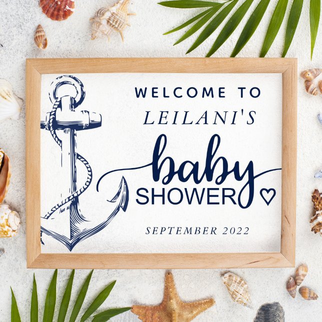 Affiche Baby shower Ancre nautique Bienvenue Blanc (Créateur téléchargé)