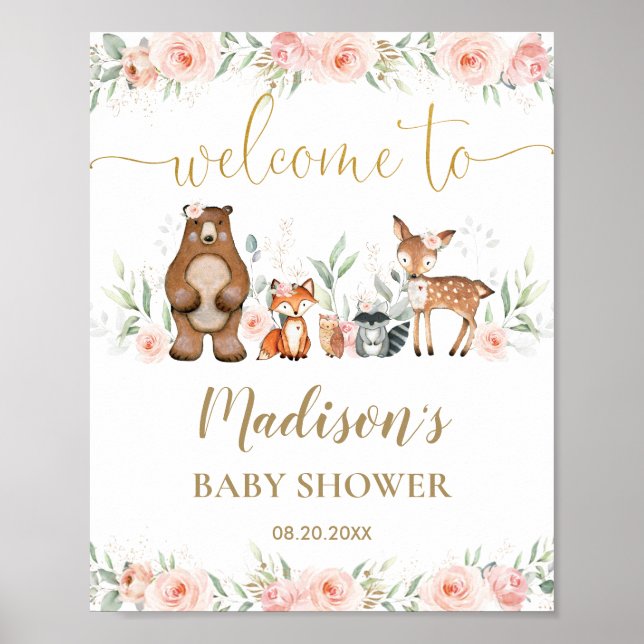 Affiche Baby shower animal rose Floral Bois Bienvenue (Devant)