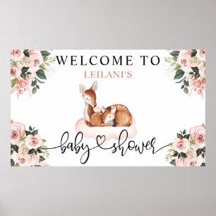 Affiche Baby shower Aquarelle Cerf Rose Floral Bienvenue