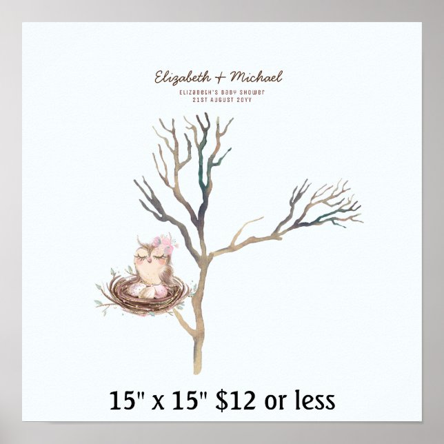 Affiche Baby Shower Arbre Empreintes de Doigts Chouette Œu (Devant)