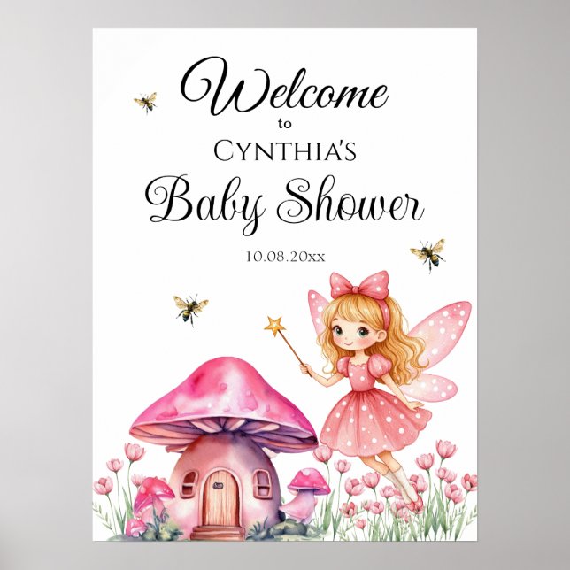 Affiche Baby shower aux champignons poilus roses (Devant)