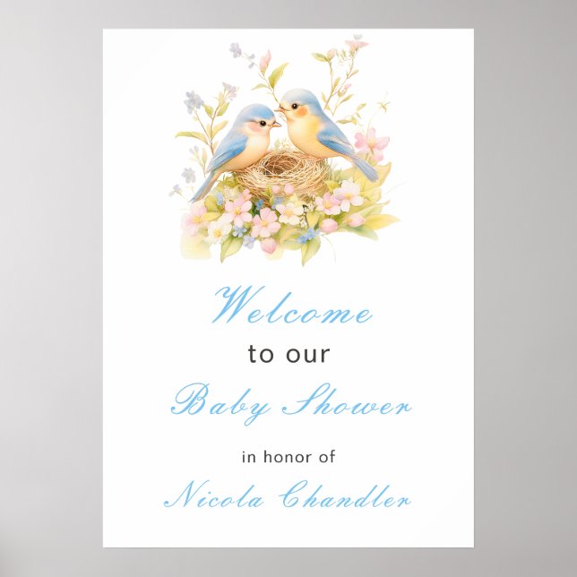 Affiche Baby shower aux oiseaux de printemps (Devant)