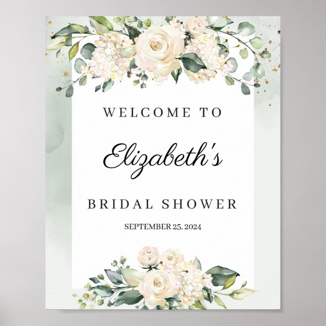 Affiche Baby shower aux roses blanches pastel aquarelle (Devant)