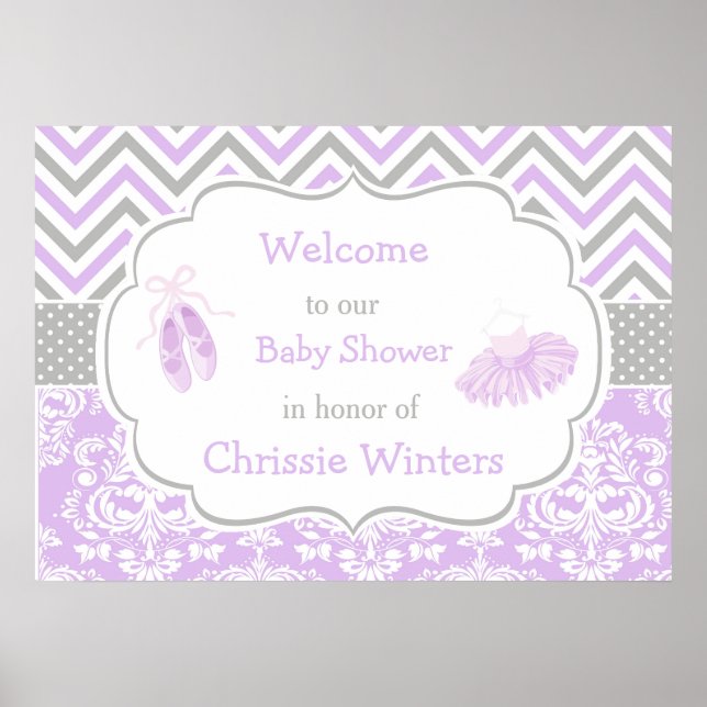 Affiche Baby shower Ballerina violet et gris Chevron (Devant)