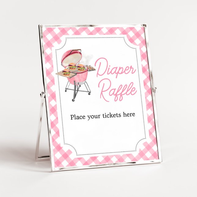 Affiche Baby shower BBQ Burger Rose Barbecue Raffin (Girl Backyard BBQ Baby Shower Diaper Raffle Sign)