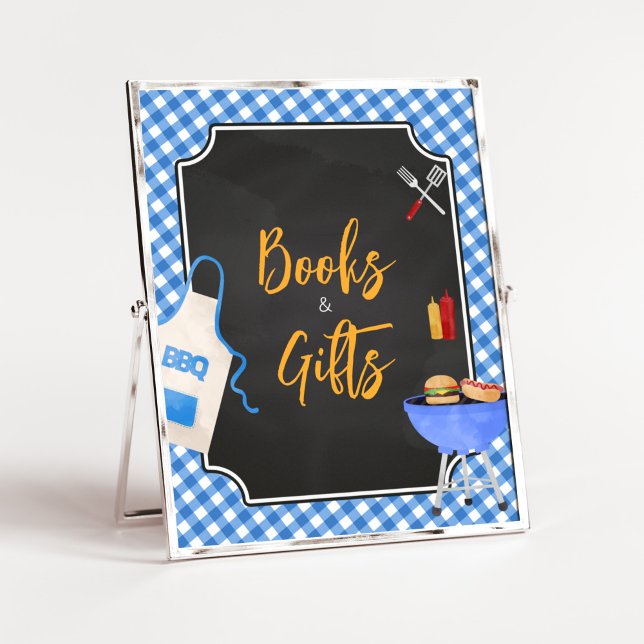 Affiche Baby shower BBQ En vichy Bleu Livres et Cadeaux (Boy Baby-Q Baby Shower Books and Gifts Sign)