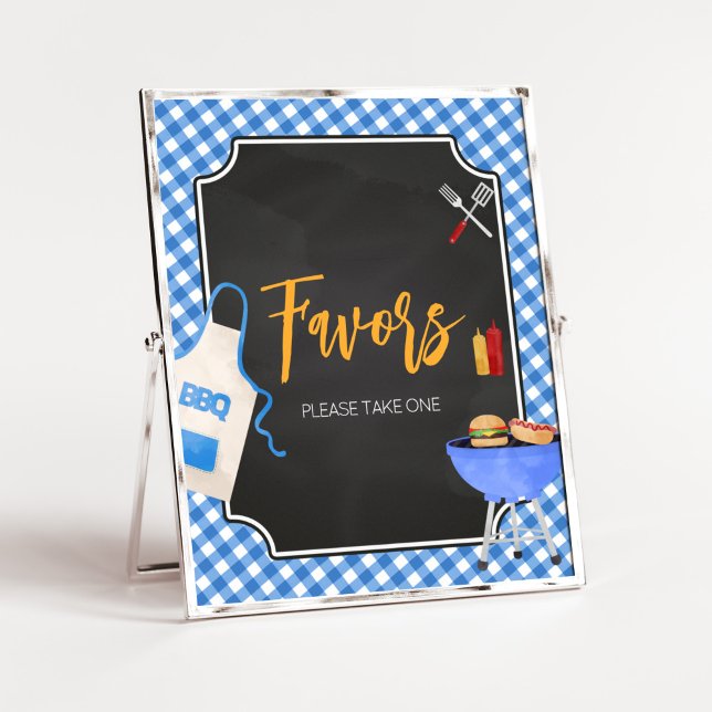 Affiche Baby shower BBQ En vichy Bleu Privilèges (Boy Baby-Q Baby Shower Favors Sign)