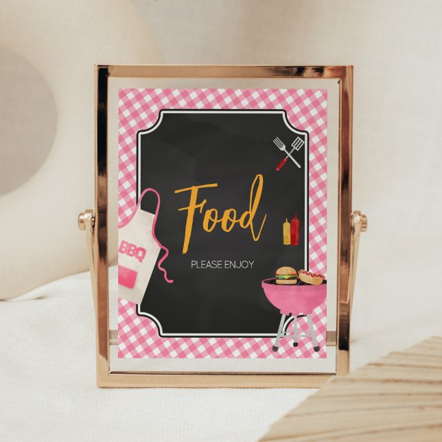 Affiche Baby shower BBQ rose En vichy (Girl Baby-Q Baby Shower Food Sign)