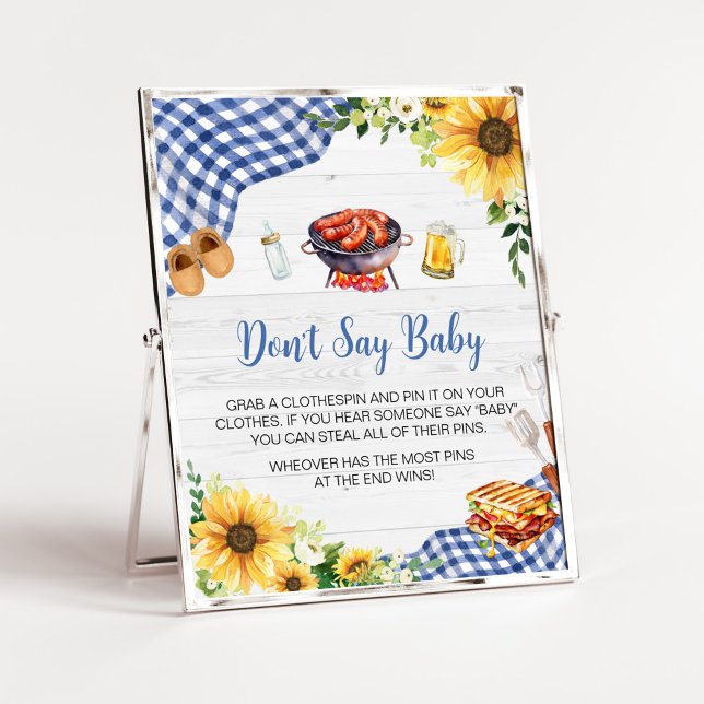 Affiche Baby shower BBQ Sunflower bleu Ne pas dire bébé (Boy Picnic Backyard Baby Shower Don't Say Baby Sign)