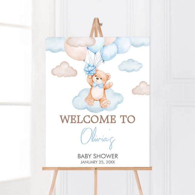 Affiche Baby shower Bébé Bear Bleu Bienvenue (Blue Bear Balloon Baby Shower Welcome Sign)
