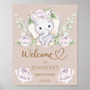 Affiche Baby shower bébé éléphant et fleurs Bienvenue