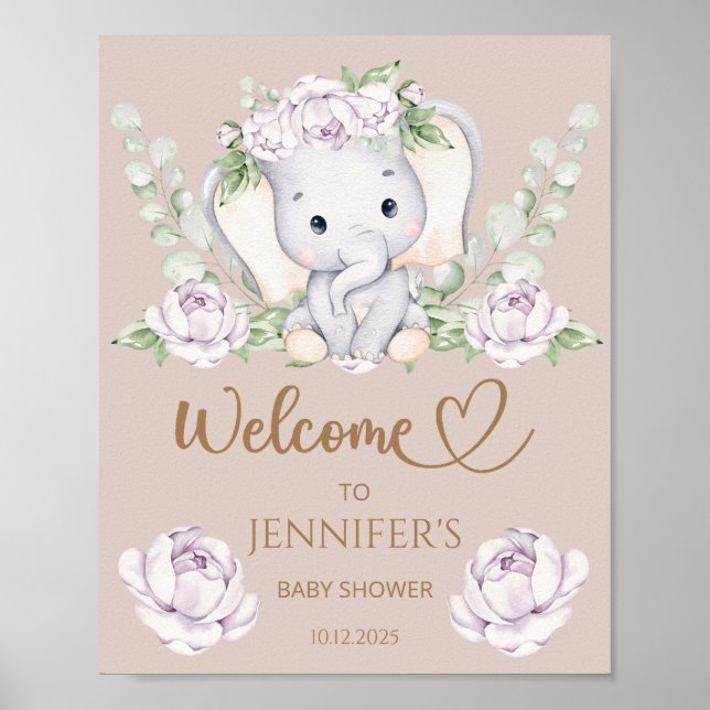 Affiche Baby shower bébé éléphant et fleurs Bienvenue (Devant)