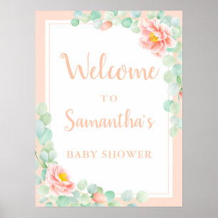 Affiche Baby shower Bienvenue Eucalyptus Foliage Peony Pea