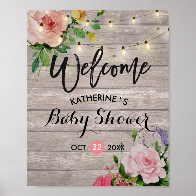 Affiche Baby shower Bienvenue Floral String Lights Barne B (Devant)