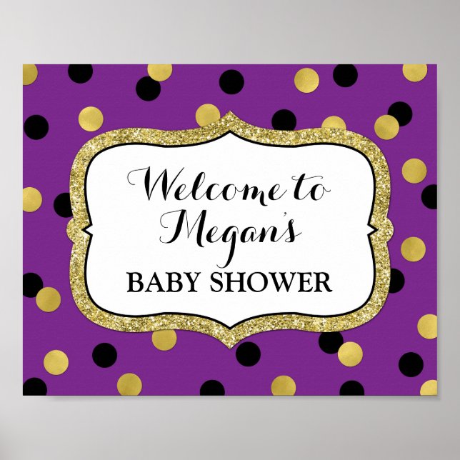 Affiche Baby shower Bienvenue Purple Black Gold Confetti (Devant)