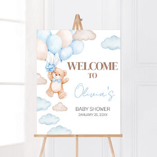 Affiche Baby shower Bleu Bear Balloon Bienvenue