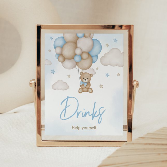 Affiche Baby shower Bleu Bear Balloon Boissons (Teddy Bear Balloon Baby Shower Drinks Sign)