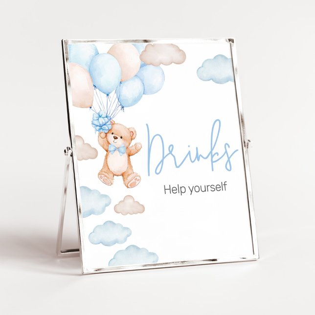 Affiche Baby shower Bleu Bear Balloon Boissons (Blue Baby Bear Balloon Baby Shower Drinks Sign)