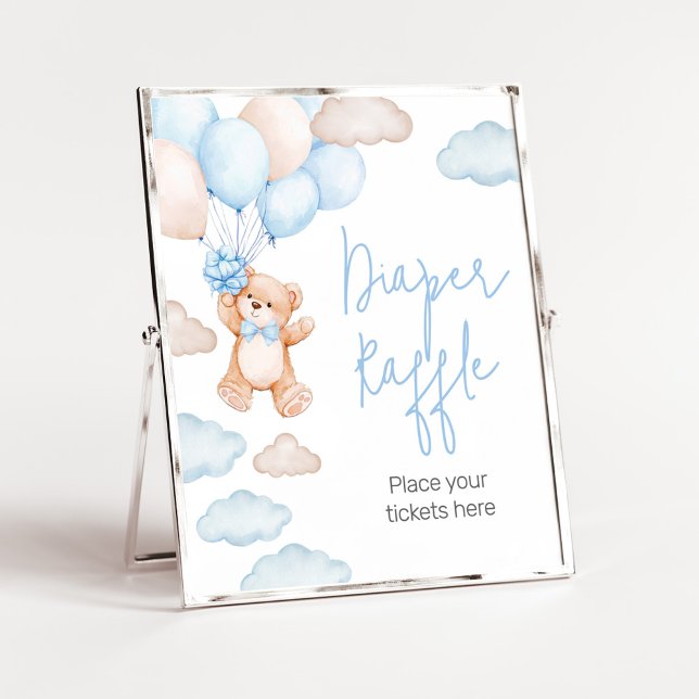 Affiche Baby shower Bleu Bear Balloon Déchets Raffin (Blue Baby Bear Balloon Baby Shower Diaper Raffle Sign)