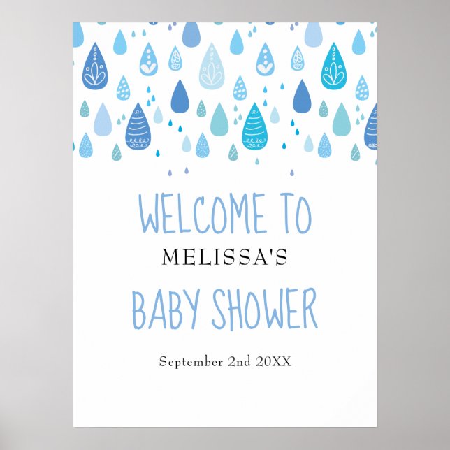 Affiche Baby shower Bleu bleu gouttes / Accueil de l'arros (Devant)