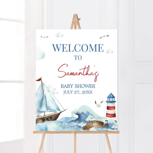 Affiche Baby shower bleu bleu rouge (Ahoy It’s A Boy Baby Shower Welcome Sign)