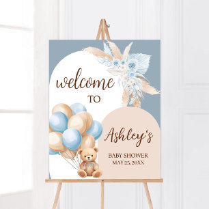 Affiche Baby shower Bleu Boho Bear Balloon Bienvenue