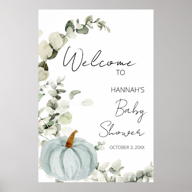 Affiche Baby shower Bleu Citrouille Automne Bienvenue (Devant)