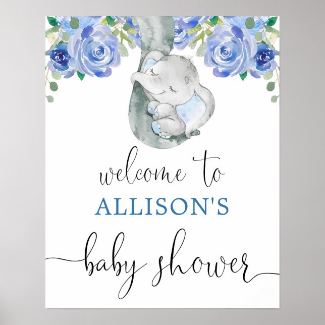 Affiche Baby shower bleu éléphant garçon signe de bienvenu (Devant)