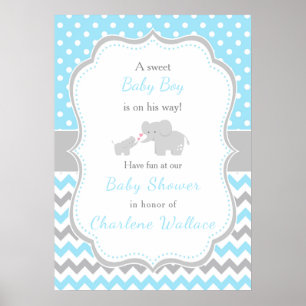 Affiche Baby shower bleu et gris éléphant
