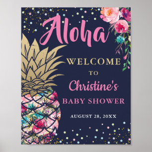 Affiche Baby shower bleu marine à ananas tropical rose