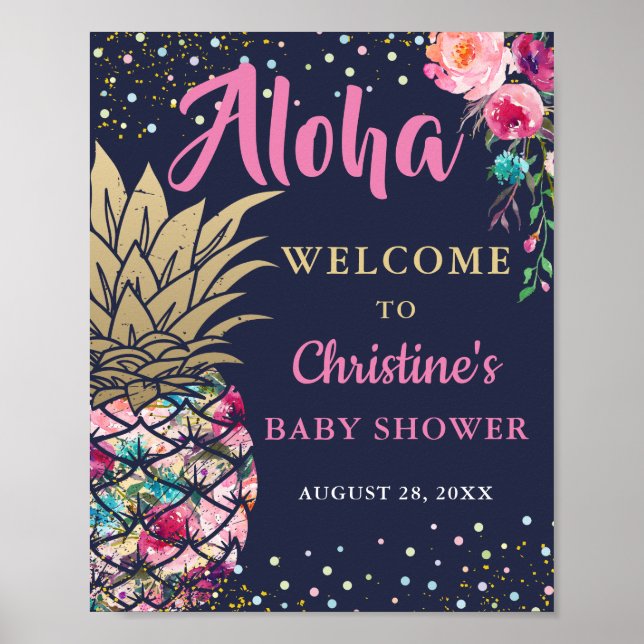 Affiche Baby shower bleu marine à ananas tropical rose (Devant)