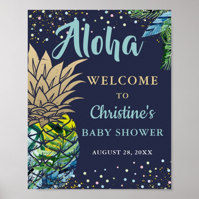 Affiche Baby shower bleu marine de la plage d'ananas tropi (Devant)