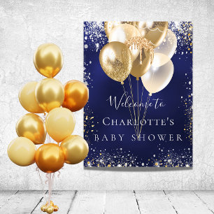 Affiche Baby shower bleu marine or ballons bienvenue