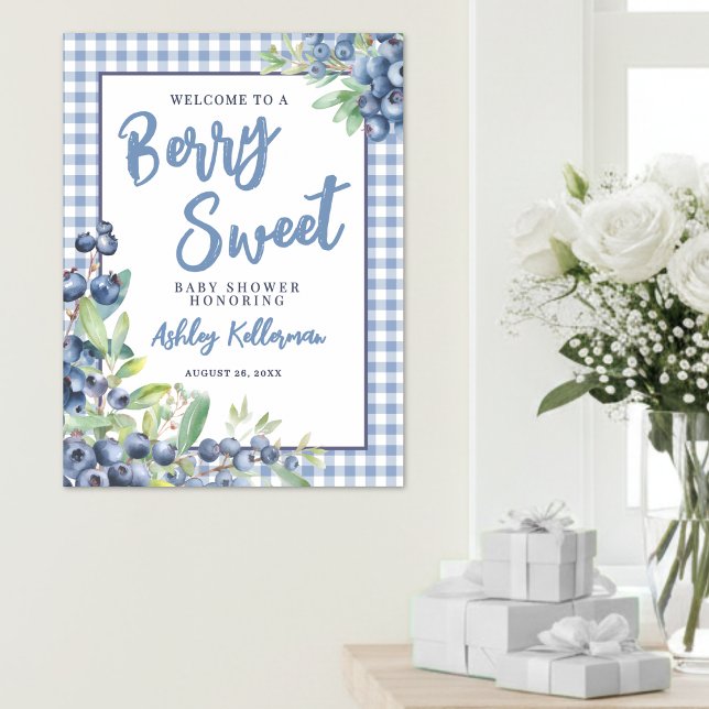 Affiche Baby Shower Bleu Myrtille Gingham Sucré (Blueberry Blue Gingham Berry Sweet Baby Shower Poster )
