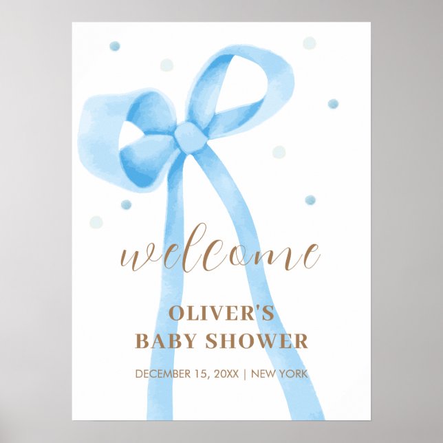 Affiche Baby shower bleu simple Polka Dot Bow (Devant)