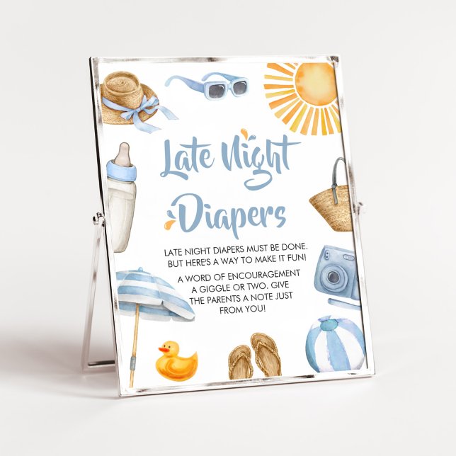 Affiche Baby shower Bleu Splish Splash Late Night Diapés (Boy Summer Beach Baby Shower Late Night Diapers Sign)