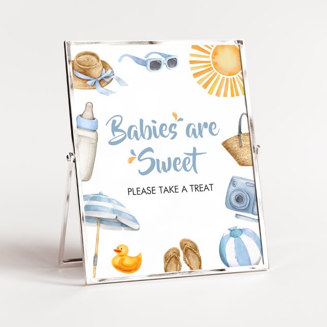 Affiche Baby shower Bleu Splish Splash Les bébés sont doux (Boy Summer Beach Baby Shower Babies are Sweet Sign)