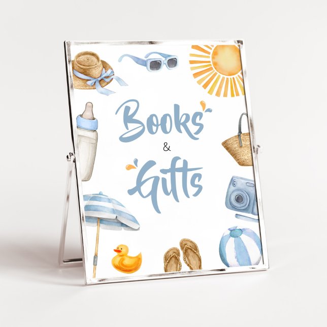 Affiche Baby shower Bleu Splish Splash Livres et cadeaux (Boy Summer Beach Baby Shower Books and Gifts Sign )