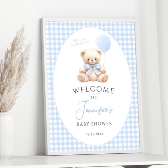 Affiche Baby shower Bleu Teddy Bear Boulon Bow Bienvenue (Créateur téléchargé)