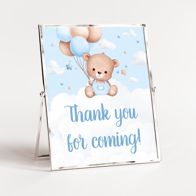 Affiche Baby shower bleu Teddy Bear Merci (Blue Boy Teddy Bear Clouds Balloon Baby Shower Sign)