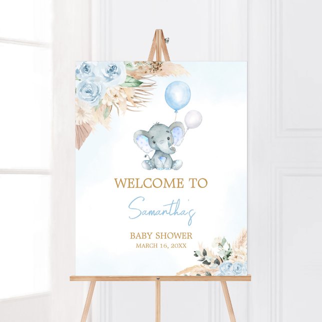 Affiche Baby shower Blue Balloon Elephant Bienvenue (Blue Floral Pampas Grass Elephant Baby Shower Welcome Sign)