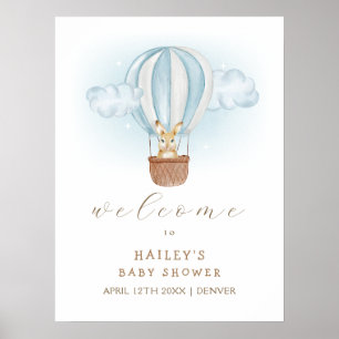 Affiche Baby shower Blue Bunny Air Balloon Bienvenue