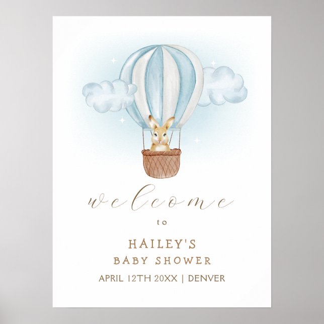 Affiche Baby shower Blue Bunny Air Balloon Bienvenue (Devant)
