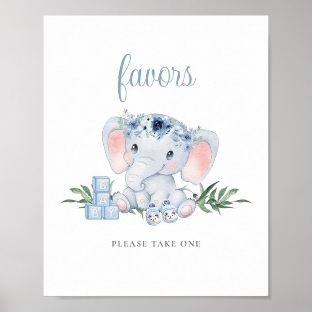 Affiche Baby shower Blue Cute Elephant Boy Faveurs Signer (Devant)