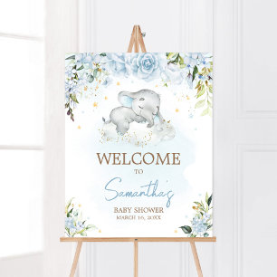 Affiche Baby shower Blue Floral Elephant Bienvenue