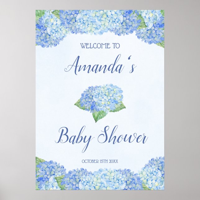 Affiche Baby shower Blue Hydrangea Personnalisé (Devant)