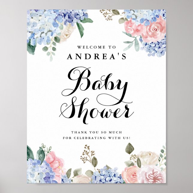 Affiche Baby shower Blue Hydrangeas and Pink Roses Welcome (Devant)