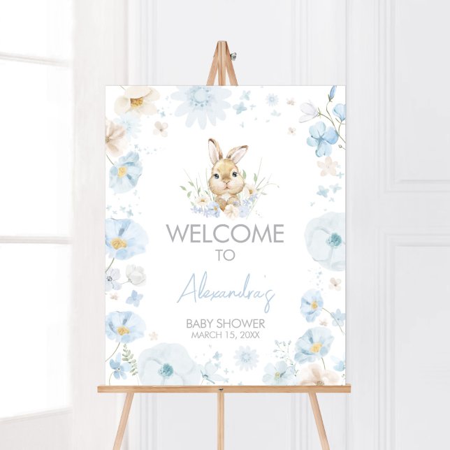Affiche Baby shower Blue Somebunny Rabbit Bienvenue (Blue Rabbit Somebunny Baby Shower Welcome Sign)