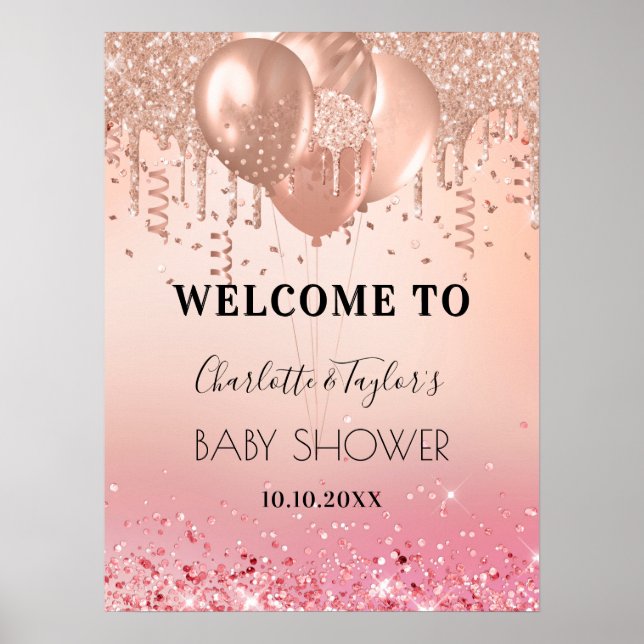 Affiche Baby Shower blush rose gold glitter welcome (Devant)